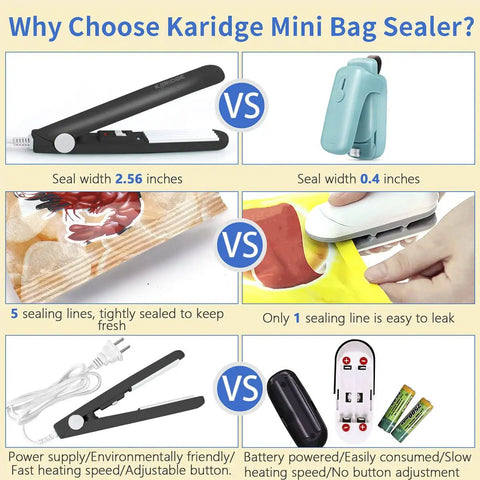 Comparison chart showing features of two bag sealers, highlighting Mini Bag Sealer For Chips And Snacks On The Go, Handy Heat Sealer.