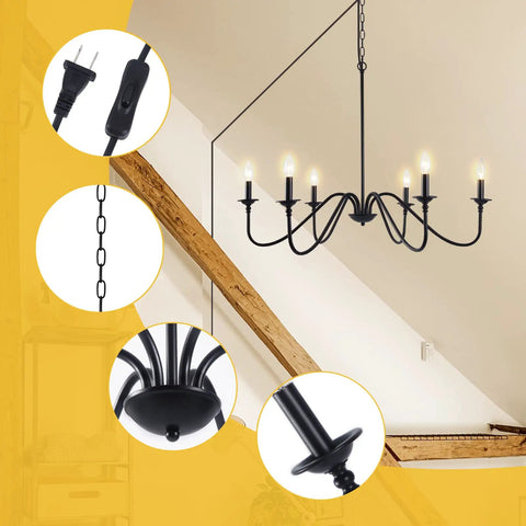 Prewired Plug In Chandelier 34.6 Inch Black Farmhouse Modern Hanging Light for Indoor Outdoor Use with close-up details