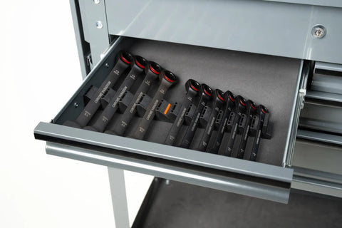 Basics Wrench Organizer Kit With 16 Rubber Holders For Tool Drawer, Modular Toolbox Organizer System visible in a tool drawer