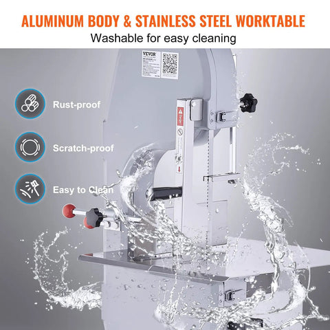 Pro Grade Heavy Duty Electric Meat Bandsaw 1500W Stainless Steel Vertical Bone Cutter shown with water, rust-proof design.