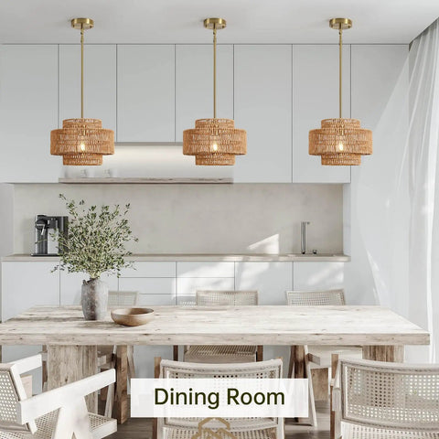 Downright Stunning Handwoven Rattan Pendant Light That Definitely Gives A Super Chill Boho Vibe And Lets Smooth Ambient Lighting Warm Up Your Cozy Kitchen Island in a dining room setting.