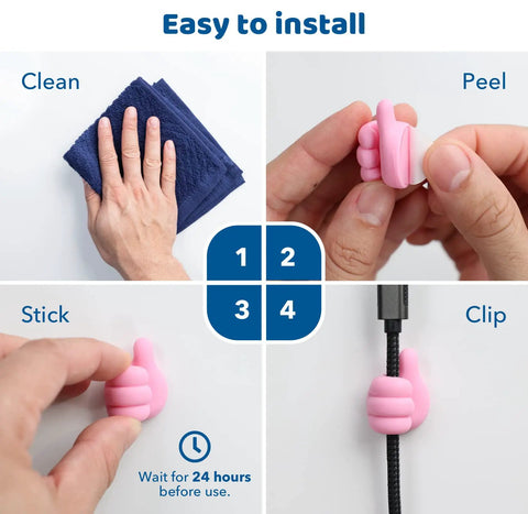 Step-by-step guide showing installation of pink thumb shaped cord holders, highlighting clean, peel, stick, and clip steps.