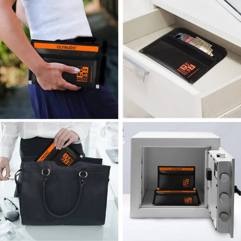 Stealth Nesting Fireproof Cash Bag Two Pack with Large and Small Inner Pouches shown in hand, drawer, purse, and safe.