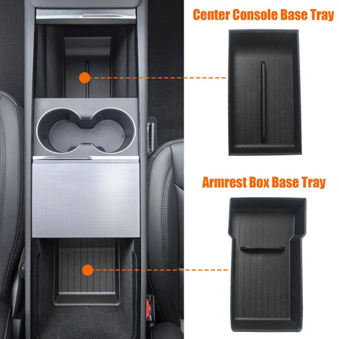 Two Pack Center Console Organizer Bottom Trays for Tesla Model Y Juniper 2025 2026 showing installed and individual TPE trays
