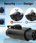 Type 2 To Type 1 EV Charging Adapter With No Sweat Anti Drop Plug Handles 32 Amps And 250V AC shown with security lock design