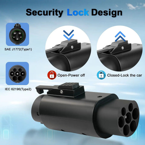 Type 2 To Type 1 EV Charging Adapter With No Sweat Anti Drop Plug Handles 32 Amps And 250V AC shown with security lock design