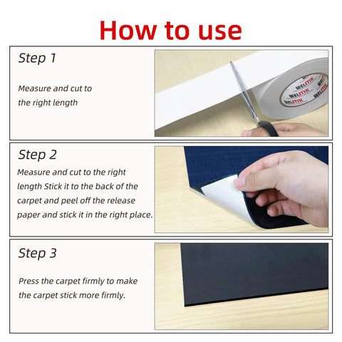 Image explaining installation of Double Sided Rug Tape Heavy Duty For Area Rugs with step-by-step instructions.