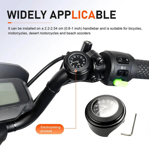Bike Handlebar Clock Waterproof And Shockproof Metal Time Display For 25-26 Mm Bars With Night Visibility on motorcycle bar.