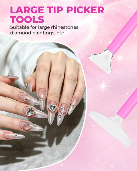 Close-up of rhinestone nail art using Rhinestone Picker Tool Kit With 40 Dual-Ended Acrylic Pens 40 Replacement Tips 4 Storage Trays And 24 Clay Pieces