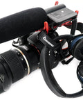 Camera with microphone and headphones secured using Soft Velour Cinch Straps 2 Inch By 20 Inch Pack Of 6 With Reusable Hook And Loop