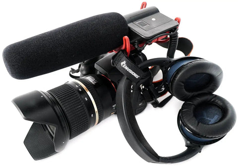 Camera with microphone and headphones secured using Soft Velour Cinch Straps 2 Inch By 20 Inch Pack Of 6 With Reusable Hook And Loop
