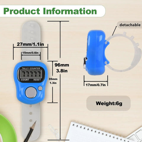 Super Comfy Electronic Finger Tally Counter With Quick Digital Clicker Ring Designed For Hassle Free Fit And Big Time Precision Tracking Making Tally Work Totally A Breeze To Handle Pack Of Ten Pieces showing blue device dimensions on wooden background.