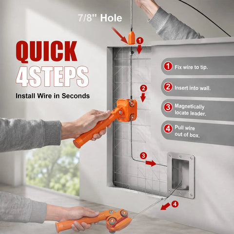 Pro Level Magnetic Wire Puller With Stainless Steel Leader And 180 Degree Pivot Grip For No Sweat Drywall Cable Fishing In Tight Wall Spaces Comes With Heavy Duty Storage Case