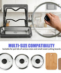 Heavy Duty 304 Stainless Steel Pot Lid Rack With Drip Tray And Spoon Rest, Double Layer V Shape Lid Holder shown with various lids