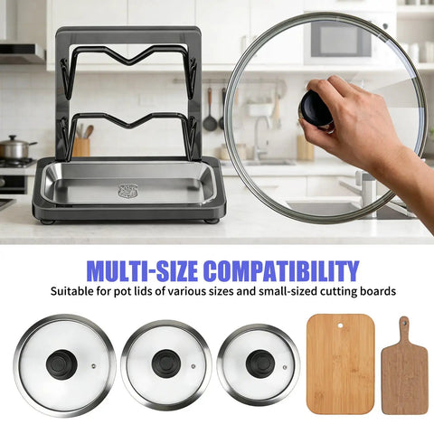 Heavy Duty 304 Stainless Steel Pot Lid Rack With Drip Tray And Spoon Rest, Double Layer V Shape Lid Holder shown with various lids