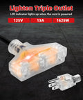 Close-up of Retractable Extension Cord Reel 50 Feet 14 AWG 3 Conductor Power Cord for garage with triple outlets and LED indicator.