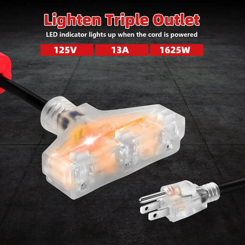 Close-up of Retractable Extension Cord Reel 50 Feet 14 AWG 3 Conductor Power Cord for garage with triple outlets and LED indicator.