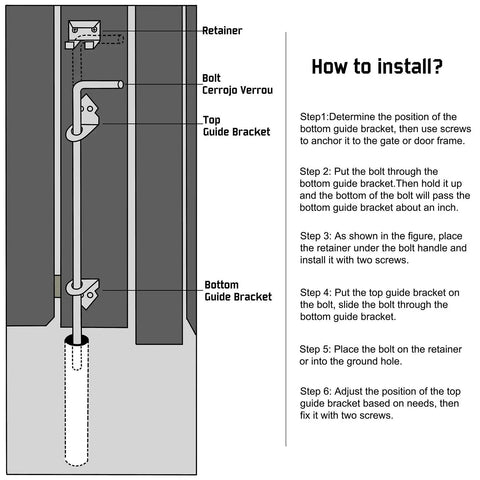 Diagram showing installation of 18 Inch Drop Cane Bolt Gate Latch, Beefy Heavy Duty Black Solid Steel Ground Drop Rod For Wood Metal PVC Vinyl Fences And Doors, Corrosion Resistant Outdoor Gate Hardware, Keeps Gates Secured To The Ground, 1 Pack with labeled components and step-by-step instructions.