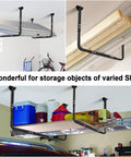 Adjustable Ceiling Storage Rack For Garage Overhead Shelf Bracket Heavy Duty Steel Construction 22 To 33 Inch Width And 17 To 26 Inch Depth 200 Lb Capacity Black Powder Coat Easy Install Space Saver storing items