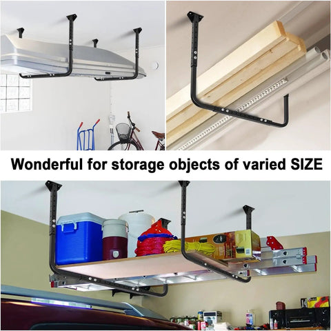 Adjustable Ceiling Storage Rack For Garage Overhead Shelf Bracket Heavy Duty Steel Construction 22 To 33 Inch Width And 17 To 26 Inch Depth 200 Lb Capacity Black Powder Coat Easy Install Space Saver storing items