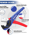 Versatile PEX And Hose Cutter With 1/8 To 1-5/8 Inch Cutting Capacity, 30 And 45 Degree Angles, blue-red design