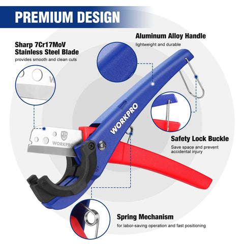 Versatile PEX And Hose Cutter With 1/8 To 1-5/8 Inch Cutting Capacity, 30 And 45 Degree Angles, blue-red design