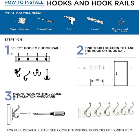 Installation guide for Heavy Duty Double Coat And Hat Wall Hooks 5 Pack Matte Nickel Finish Wall Mount Hangers.