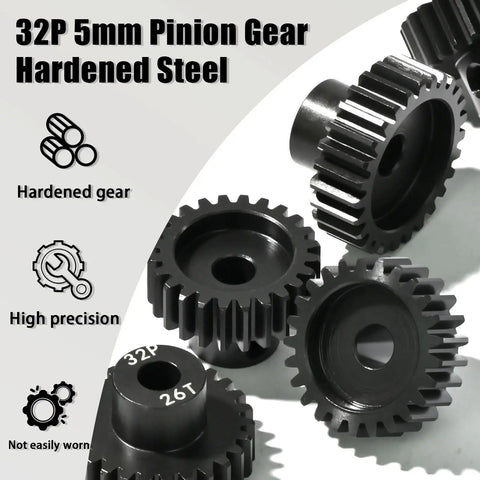 Beefy Hardened Steel Pinion Gear Set 32P 5mm Shaft 23T 24T 25T 26T 27T With M4 Screw And Hex Key For One Tenth Scale RC Cars Broad Compatibility With 540 550 Motors Brushless And Brushed Upgrades. Display of precision gear teeth.