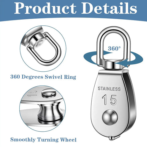 Heavy Duty 16 Pack M15 Single Pulley Block With 304 Stainless Steel Rope Roller And Cable Pulley Swivel Hook Detail View