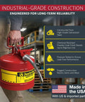 Heavy Duty Galvanized Steel Gasoline Safety Can With Slick Squeeze Lever And Zero Stress Flow Control For Rough Job Site Transfers And Mechanic Bay Runs In Bold Red, being held with a flex nozzle.
