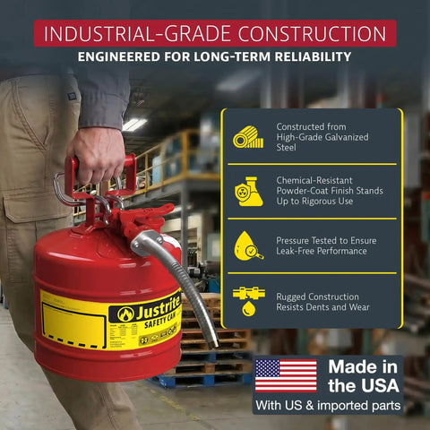 Heavy Duty Galvanized Steel Gasoline Safety Can With Slick Squeeze Lever And Zero Stress Flow Control For Rough Job Site Transfers And Mechanic Bay Runs In Bold Red, being held with a flex nozzle.