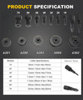 Pro Grade Bicycle Bearing Puller Kit With Two Jawed Extractor And Bearing Press specifications chart, collets from 8-29mm sizes