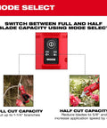M12 Brushless Pruning Shears Cordless Power mode selector for quick yard pruning, with full and half cut capacity options.