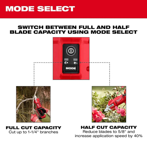 M12 Brushless Pruning Shears Cordless Power mode selector for quick yard pruning, with full and half cut capacity options.