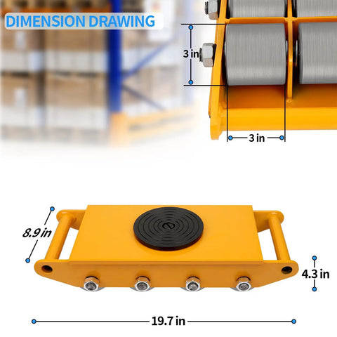 Dollate 26400 Lbs Heavy Duty Machine Skates 12 Ton Capacity Industrial Dolly Plates with dimensions 19.7x8.9x4.3 in for moving equipment.
