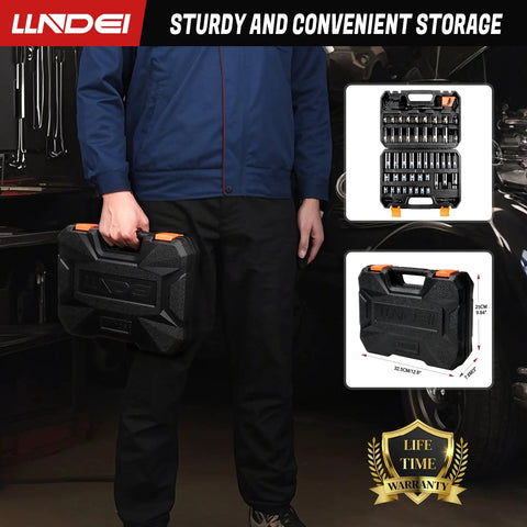 Person holding black case with Three Eighths Inch Drive 71 Piece 12 Point Socket Set With Deep And Shallow SAE sockets visible as infographics.