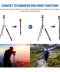 Top Tier Carbon Fiber Camera Tripod And Monopod Travel Stand Delivering Rock Solid Stability For Hassle Free Photography And Videography Shoots Supporting Heavy Gear Up To Twenty Six Pounds, shown being converted to monopod.
