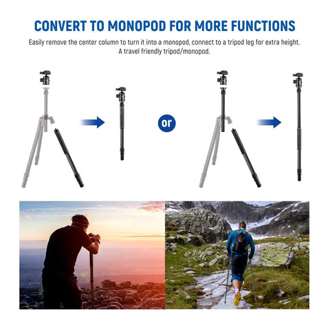 Top Tier Carbon Fiber Camera Tripod And Monopod Travel Stand Delivering Rock Solid Stability For Hassle Free Photography And Videography Shoots Supporting Heavy Gear Up To Twenty Six Pounds, shown being converted to monopod.