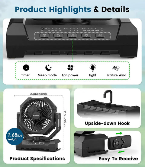 Rechargeable Camping Fan With 60 Hour Battery, 4 Speeds, 3 Light Modes, Timer And Sleep Mode, Portable Tent Fan With Hook