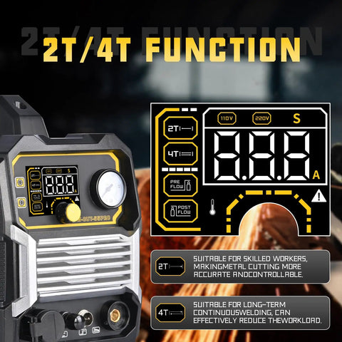 Dual Voltage Plasma Cutter 55 Amp High Frequency No Touch Pilot Arc With Digital Display And IGBT Inverter 110 And 220 Volt Blowback Cutting Machine Clean Five Eighths Inch Cut Adjustable Pilot Arc And Post Blow 2T And 4T Modes showing digital display features.