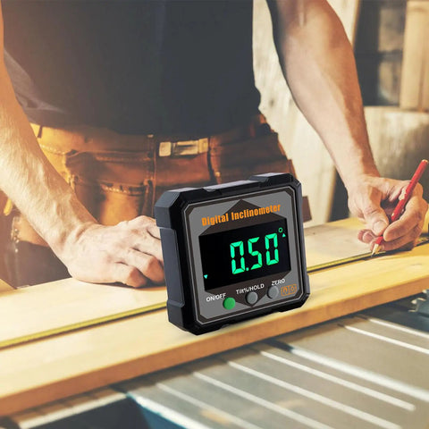 Tough As Nails Digital Angle Finder Crisp Readings Electronic Protractor on a workbench showing 0.50° for precise measurements.
