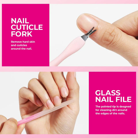 Manicure Kit For Women with Pro Nail Files and Buffers shown with pink cuticle fork and glass nail file for salon quality nail care