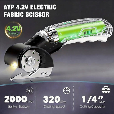 AyP Cordless Electric Scissors 4.2V Rotary Box Cutter With Utility Knife And Storage Case with battery and cutting blade.