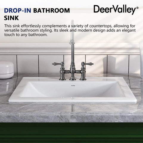 Slick White Ceramic Drop In Bathroom Sink 21 By 18 Inch Rectangle Basin with sleek faucet setup on marble countertop.