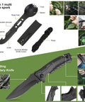 Image of a 7-in-1 spork and folding knife from the 17 In 1 Emergency Survival Kit With Waterproof Storage Box All In One Gear For Camping Hiking Fishing And Hunting Outdoor Adventures Ready To Go For Men And Adventurers.