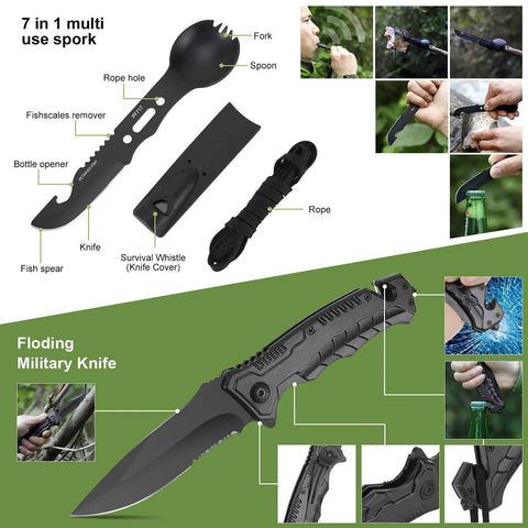 Image of a 7-in-1 spork and folding knife from the 17 In 1 Emergency Survival Kit With Waterproof Storage Box All In One Gear For Camping Hiking Fishing And Hunting Outdoor Adventures Ready To Go For Men And Adventurers.