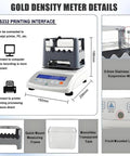 Heavy Duty Digital Gold Purity Tester Machine Featuring Dead Accurate Density Calibration And Rugged 0.001 Gram Precision Scale showing measurement details and printing interface.