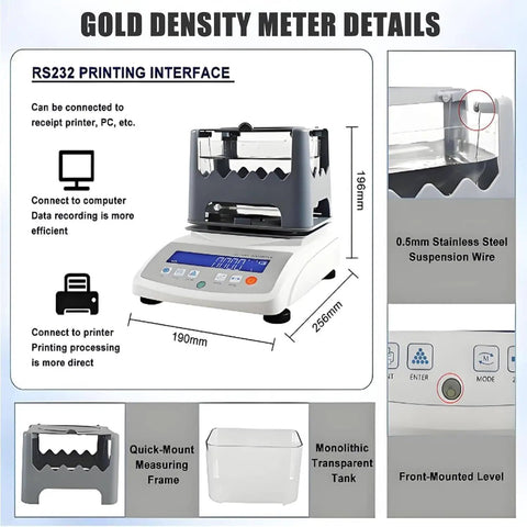 Top Shelf Gold Purity Tester Machine With Dead On Precision Density Meter for Jewelry Shops shows detailed interface and measurements.