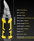 Workhorse Tin Snips Set With Straight And Curved Metal Cutter Shears Heavy Duty Stainless Steel Non Slip Serrated Blades For Quick Clean Cuts On Tin Aluminum Copper Cardboard And Roofing Metal For DIY Projects, yellow handle close-up, 215mm