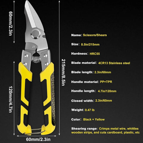 Workhorse Tin Snips Set With Straight And Curved Metal Cutter Shears Heavy Duty Stainless Steel Non Slip Serrated Blades For Quick Clean Cuts On Tin Aluminum Copper Cardboard And Roofing Metal For DIY Projects, yellow handle close-up, 215mm